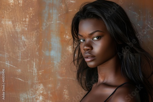 Beautiful Indian woman with hair, makeup, and dermatology on a brown studio background. Face, woman, or model with volume, luxurious skincare and scalp treatment