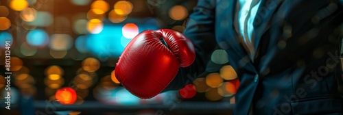 Competitive business woman in office attire ready for challenge with boxing gloves