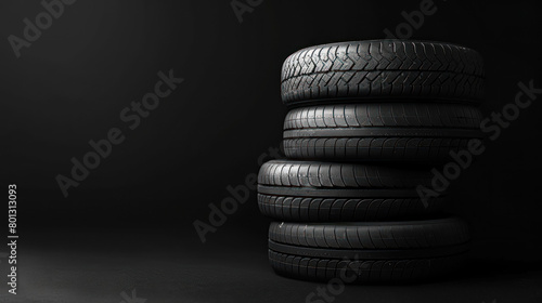 stack of black car tires on a dark background, automotive and durability concept