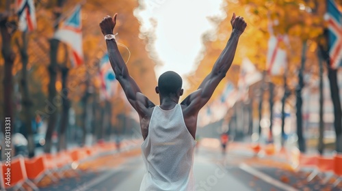 A man's proud moment finishing a marathon, arms raised in victory