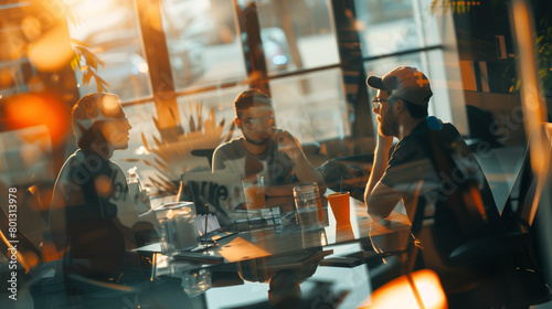 A group of software developers brainstorming around a glass table, discussing the implementation of decentralized applications in gaming, natural light, soft shadows, blurred backg