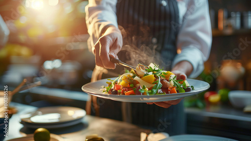 A chef presenting a freshly cooked meal to a diner at a farm-to-table restaurant, capturing the diner’s first taste and the rustic ambiance, natural light, soft shadows, blurred ba