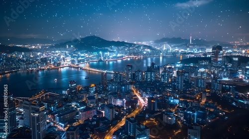 Illuminated Nightscape of Seoul's Iconic Skyline with Lotte World Tower and Twinkling Cityscape
