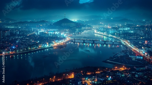 Enchanting Nighttime Cityscape of Seoul with Glowing Lights Reflected in the Han River and Misty
