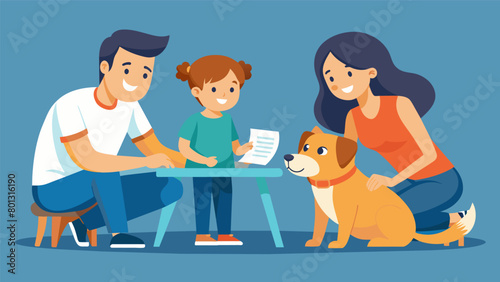 The familys pet dog rests at their feet as they go over their budget a paw on the table as if trying to join in on the discussion.