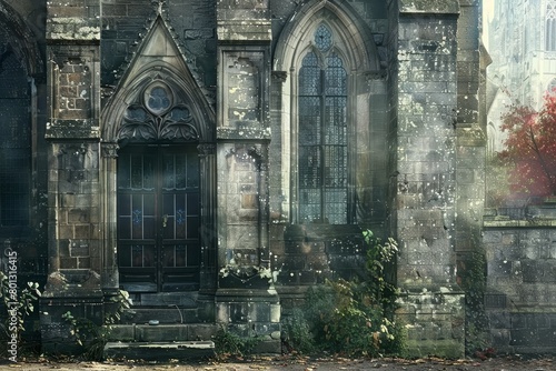 A weathered stone building with gothic arched windows and doors