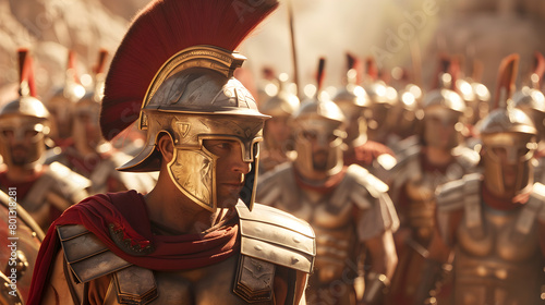 An epic shot of a Roman centurion leading his troops into battle, with a red crest on his helmet.