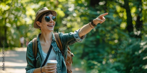 Woman with rucksack or pointing in nature travel, park or birdwatching in Canada or trees. Hiking with coffee, smiling tourist with hand signal