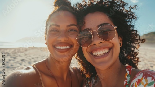 Selfie, women, and pals on beach, goofy, summer break, bonding, and playing. Love, women, or funny women on beach vacation, smartphone for photos or memories