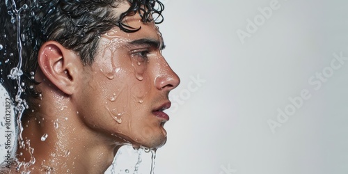 Man showering with water on his face. Young male face-washing. A man in the shower. Young man's shower routine. Young dude showering face closeup
