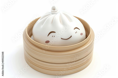 Cute cartoon dumpling with smile. Smiling dim sum character container on bamboo steamer. White background. Asian cuisine and food storage concept. Design for kitchen decor culinary poster