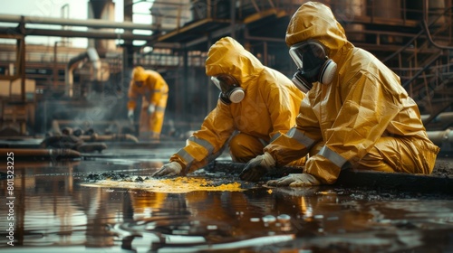 Chemical Neutralization: A real photo shot capturing the chemical neutralization process, where specialized agents are applied to the spill to neutralize hazardous substances.