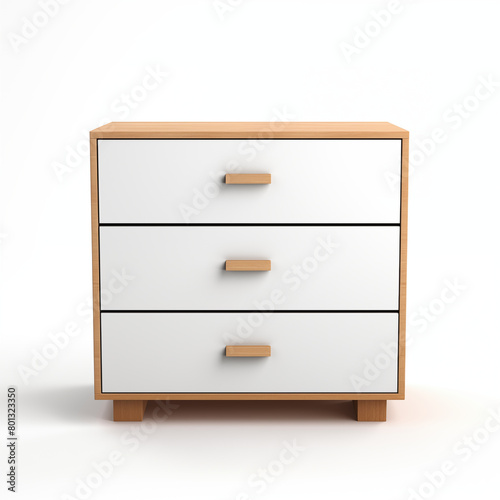 3D rendering of a wooden chest of drawers with three drawers and brown handles on a white background