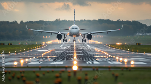 Commercial airplane on a runway, illuminated by the setting sun, preparing for takeoff, with the runway lights vividly marking the path.