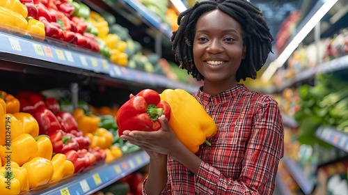At the grocery store, an African American woman is holding bell peppers and vegetables.