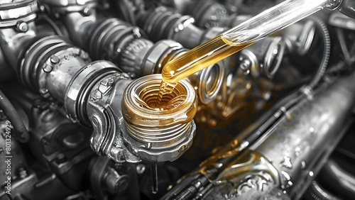 Golden motor oil is poured steadily into a cars engine for lubrication . Concept Car Maintenance, Engine Lubrication, Motor Oil, Automotive Care, Vehicle Efficiency