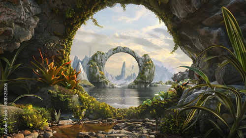 An illustration of a beautiful alien landscape with a lake, mountains, and a large stone archway.