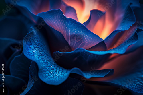 Close up surreal dark blue rose with glowing light and dew drops on petals on black background.