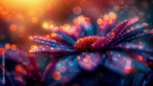 Close up surreal dark purple blue daisy flower with glowing orange light particles and dew drops on petals on bokeh dark tones background.