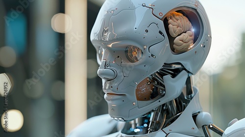 A 3D model of a robot with a human brain inside, blurring the lines between artificial and biological intelligence