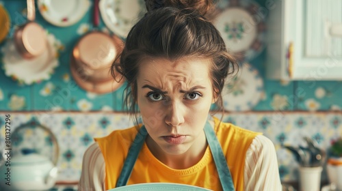 irate and sentimental dishwashing housewife who is depressed and frustrated. close-up portrait with hanging clen plates in the background. A housewife displays a bad mood