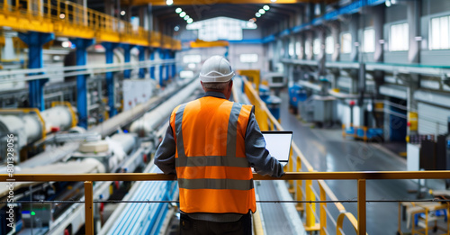 Engineer Overseeing Production in Industrial Factory. A male engineer in a safety vest and helmet holds a laptop while supervising operations in a large industrial factory.