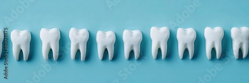 White clenched teeth in a line on a vivid background. notion of oral hygiene and medical care