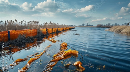 A real photo shot showcasing environmental protection measures, such as containment booms and absorbent barriers, deployed to mitigate the spill's impact on surrounding ecosystems.