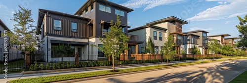 In Richardson, North Dallas, a brand-new row of three-story single-family homes faces Panorama Park. Contemporary urban housing design featuring side-by-side private courtyards close to a wide road