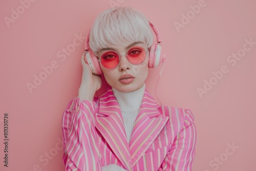 Fashion, whimsical, and studio portrait of woman with amusing face on pink background. Aesthetic model person with glasses and earmuffs for edgy vaporwave trend with creativity, humour and color