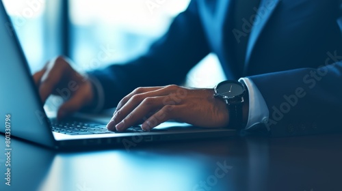 Closeup of Caucasian businessman typing on laptop in workplace. One entrepreneur clicking buttons to send emails and search the web to meet deadlines. Legal reports online by lawyer