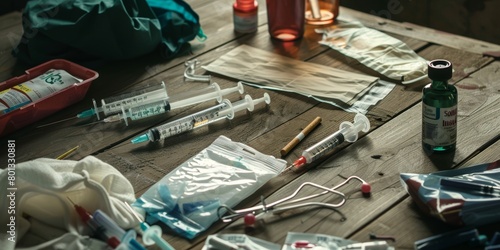 Heroin spoon, liquid syringes, blue lighter, and bag on wooden table. Heroin is a highly addictive painkiller made from morphine, sometimes used illegally to induce euphoria.