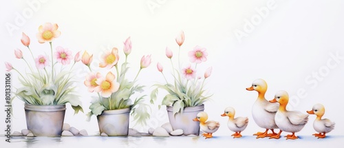 A serene watercolor painting showcasing a family of ducklings in a row, walking past blooming potted flowers.