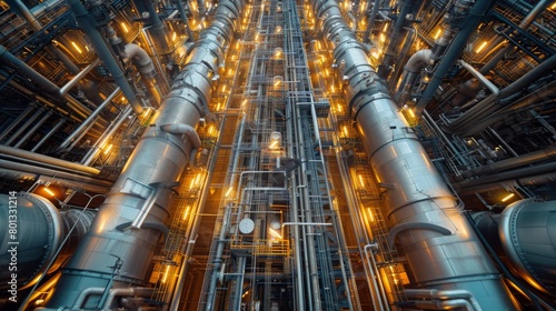 Fractionation Towers: Real photo shot capturing the fractionation process inside towering distillation columns, where crude oil is separated into various components like gasoline, diesel, and jet fuel