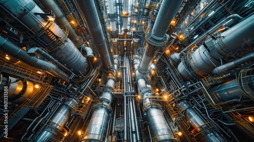 Fractionation Towers: Real photo shot capturing the fractionation process inside towering distillation columns, where crude oil is separated into various components like gasoline, diesel, and jet fuel