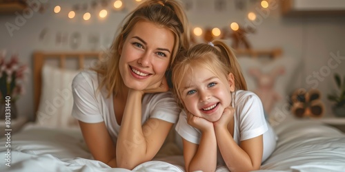 Happy Caucasian mother and daughter on bed at home. Happy woman and lovely girl enjoying a lazy day together. Love and meaningful time with child