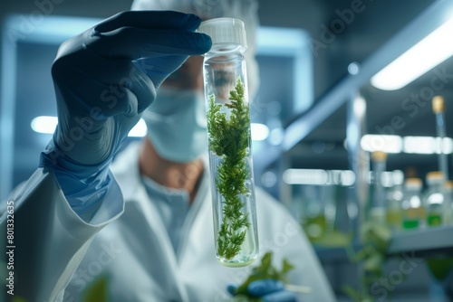Pharmaceutical, biotechnology, and botany research are the focus of science, test tube plant, and man. Pharmacy clinical trial, lab hand, or male scientist inspecting leaf chemical solution