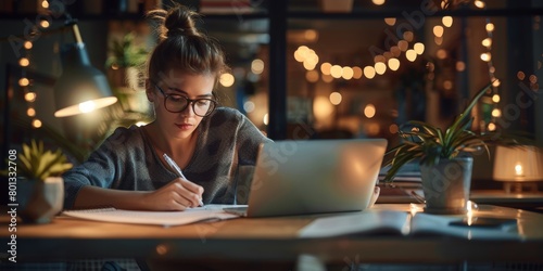 Female businesswoman writing at night for company planning, scheduling, or concept management. Serious businessperson with notebook, laptop, or nighttime project agenda
