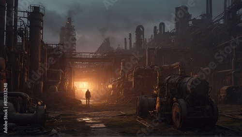 Industrial Graveyard: A massive, abandoned industrial complex with rusting machinery and pipelines. Smoke fills the air, illuminated by distant lights and casting an eerie glow. The occasional survivo