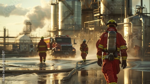 Initial Response: A real photo shot capturing the immediate response to a chemical spill in a chemical industry setting, showcasing emergency personnel assessing the situation.