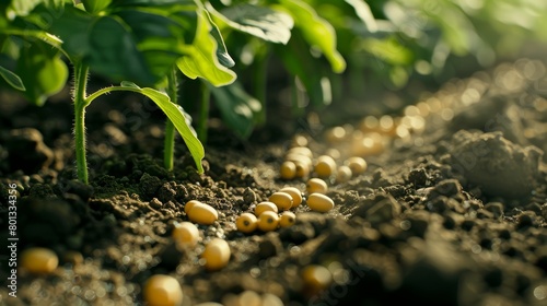 Artistic close-up of biotech-enhanced seeds being planted, highlighting their unique properties designed to improve yield and pest resistance, presented in a realistic farming environment