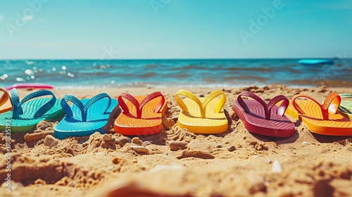 Beach with a line of vibrant flip flops against a bright sky