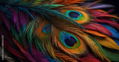 Colorful peacock feathers texture background, closeup, wallpaper