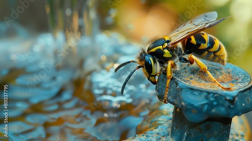 In the water faucet, a wasp. The water faucet had wasps in it. Wasps are a drought symbol. symbol for pure water. water symbol for hygiene