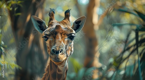 close-up photo of a giraffe in a national park, bokeh, background blur