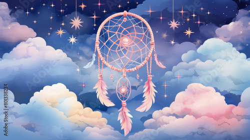 A celestial dream catcher entwined with the night sky, cradling stars and clouds in its intricate web.