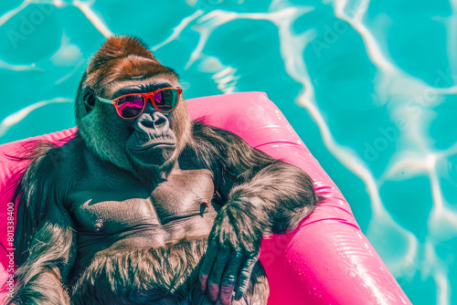 Gorilla relaxes on a yellow inflatable ring in a pool, wearing sunglasses and embracing the summer vibes. Close up, copy space. Illustration of vacation and summer holidays.