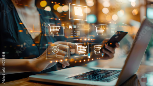 A graphic image of teenagers engaging in online shopping activities using computers or mobile phones and a shopping basket.