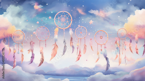 A mystical dream catcher hangs amidst the stars and clouds, a silent guardian of the night.