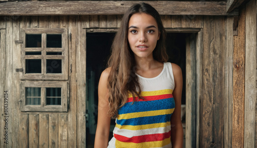 young woman stands in front of old wooden hut, in a good mood or has an idea, stowing away and thinking, thinking, having an idea, inherited house and renovate or change life